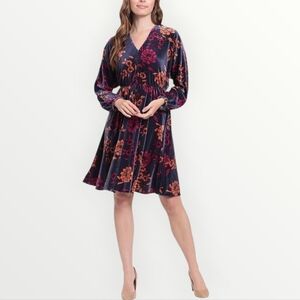 Maggy London Woman 2X Plus Size Velvet Floral Midi Dress Long Sleeve Dark Purple